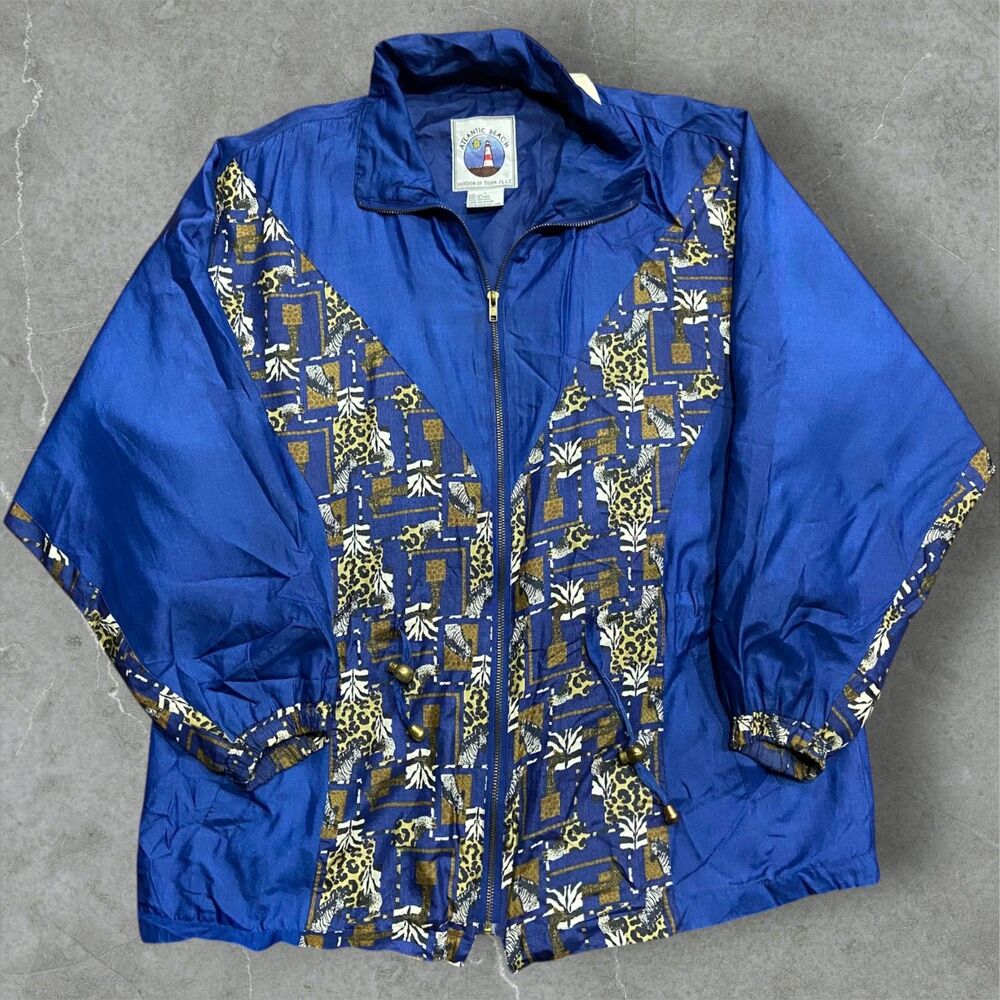 Atlantic Beach Vintage 90s Abstract Full Zip Silk Blue Gold Windbreaker Womens L
